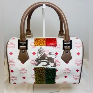 MCM Lioness Boston Top Handle Bag – White Visetos